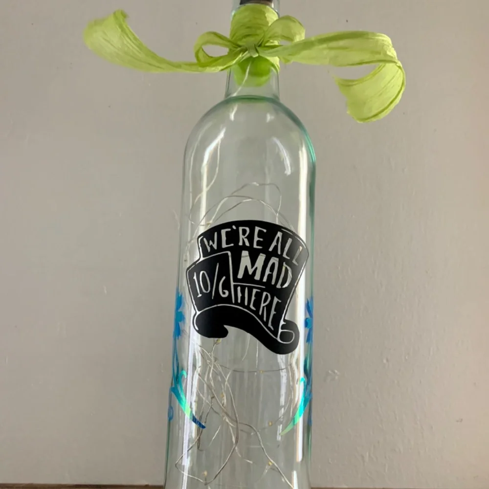 Hand Crafted- ‘We’re All Mad Here’ logo Mad Hat Wine Bottle Lantern